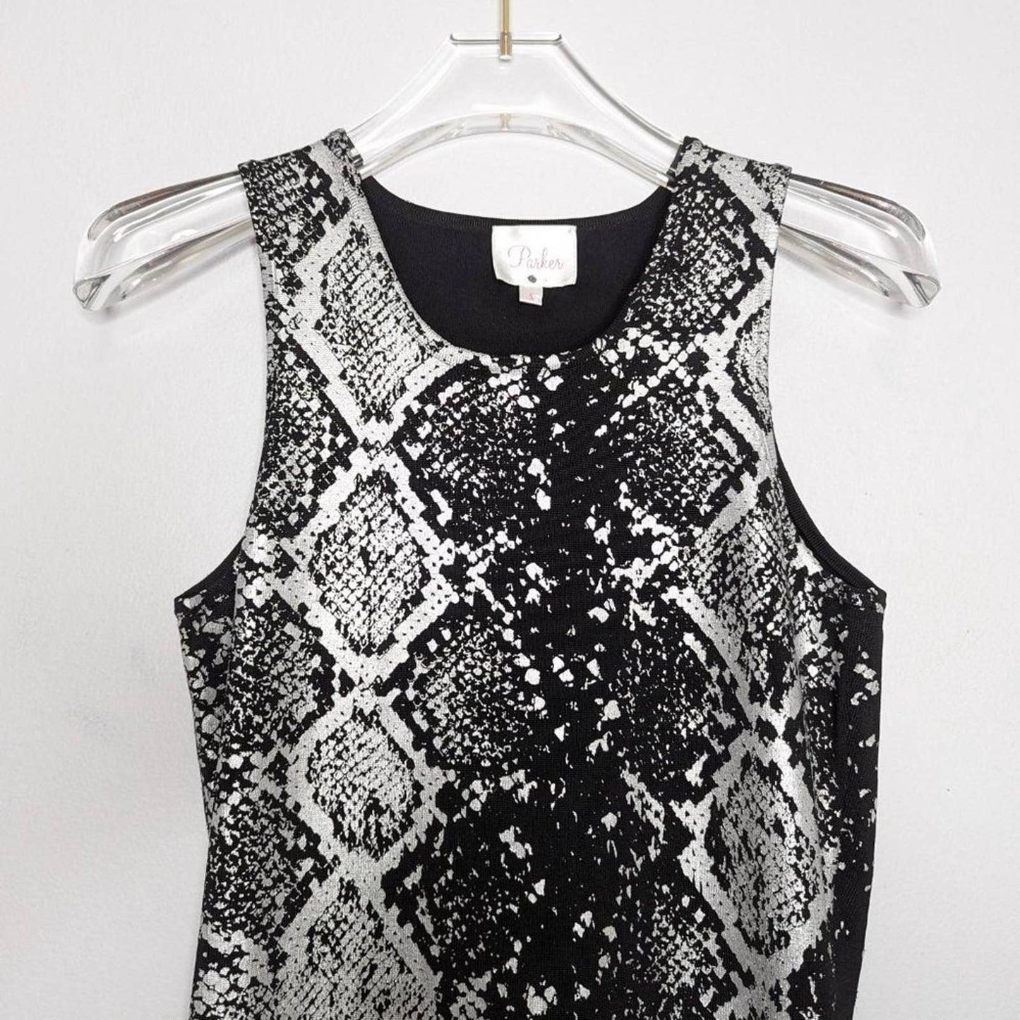 Parker Black Bodycon Mini Dress Silver Snake Print Sleeveless Metallic Size S