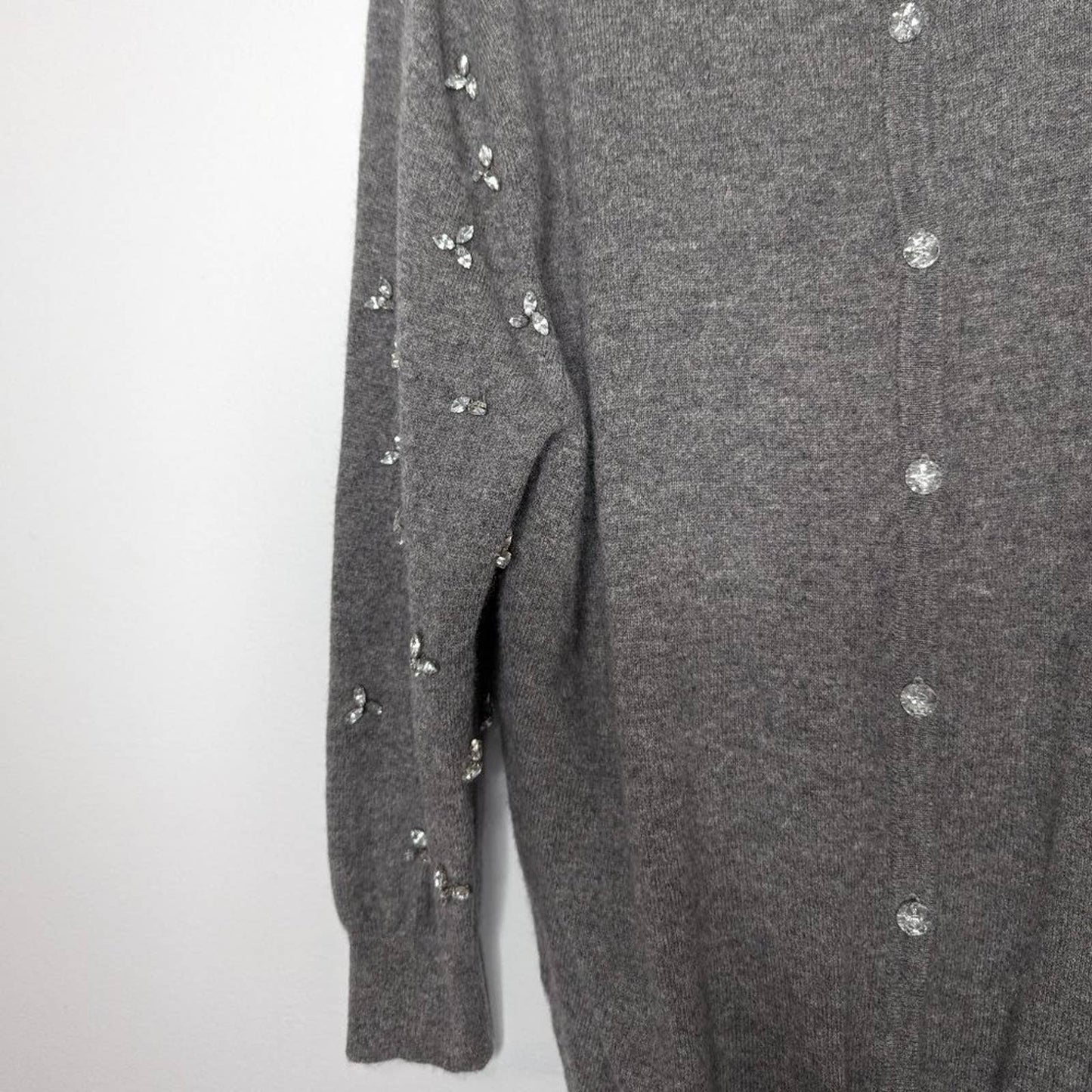 Not Shy Gray Cashmere Sweater Long Sleeve With Rhinestones Button Back Size XL