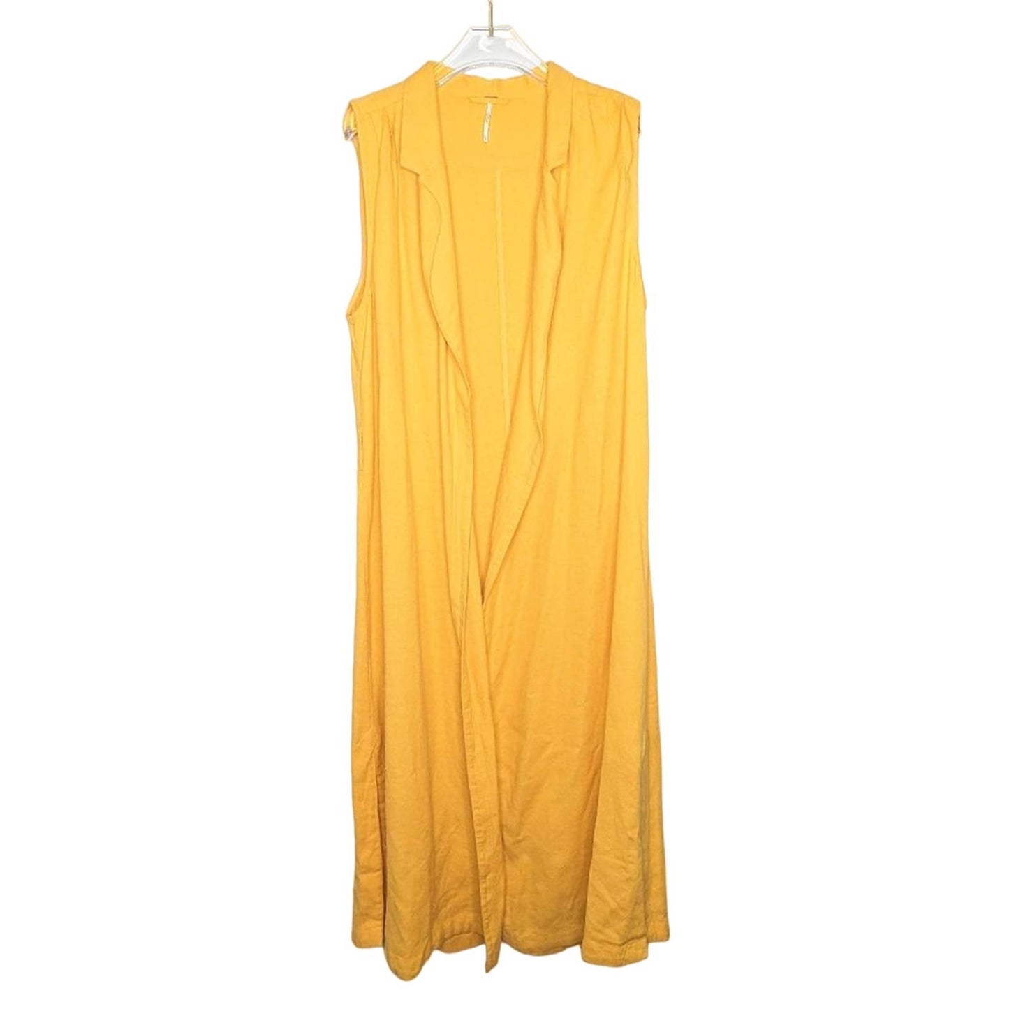 Free People Yellow Sleeveless Long Duster Vest Notched Lapel Size L no belt