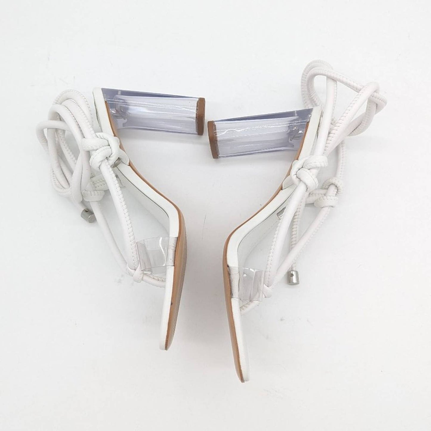 Schutz White Siena Ankle Wrap Sandal Square Toe Clear Heel Knotted Detail Size 7