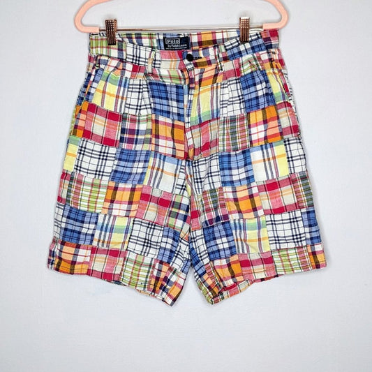 Polo Ralph Lauren Multicolor Madras Patchwork Shorts Vintage Pockets Size 30