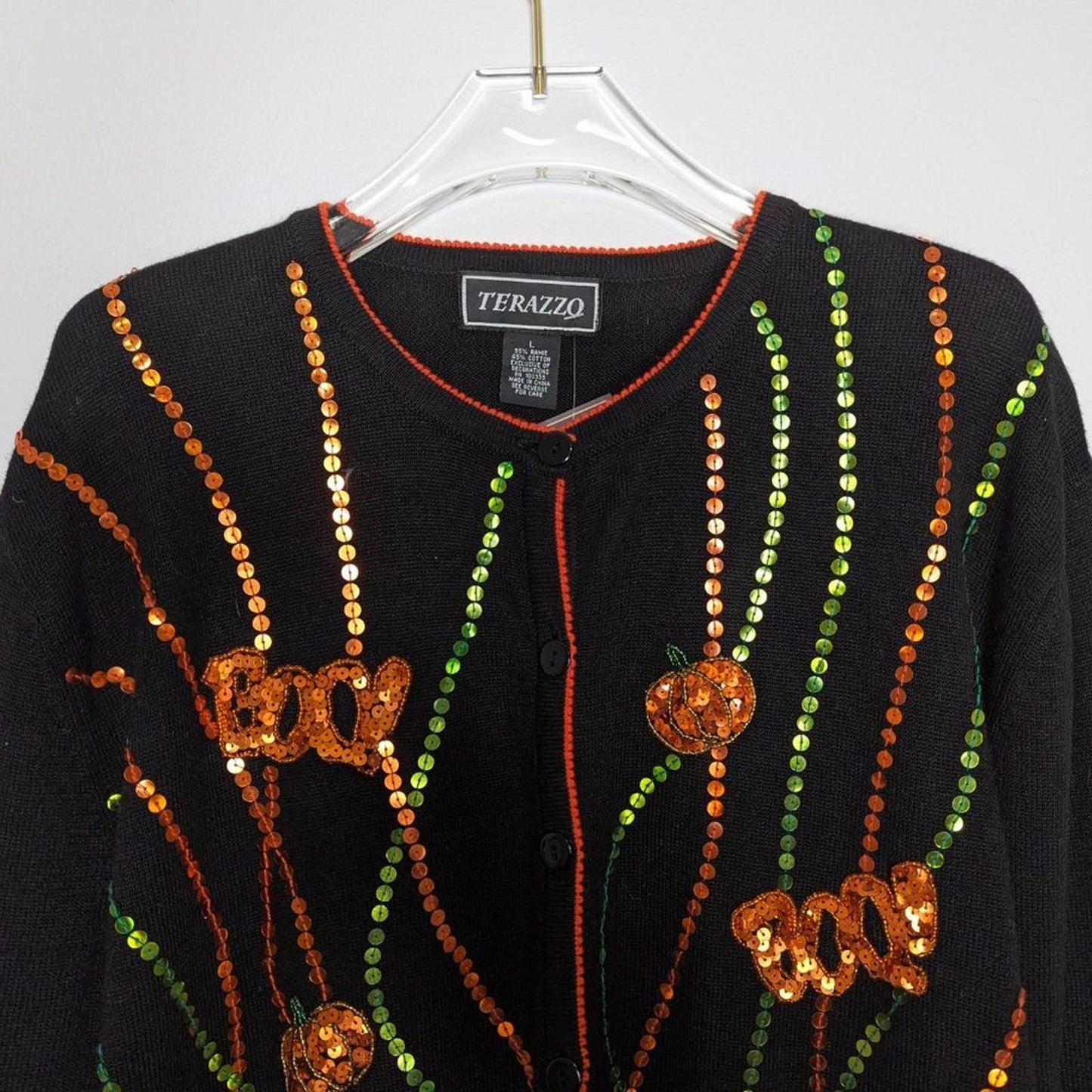 Terazzo Vintage Black Halloween Cardigan Sequined Pumpkins Boo Long Sleeve L