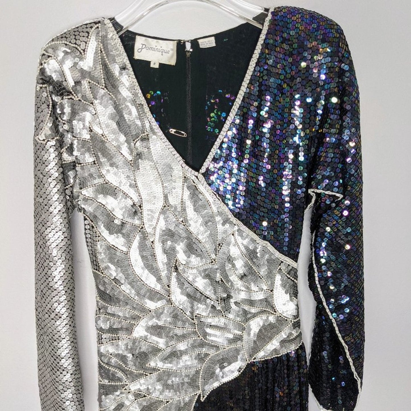 Vintage Dominique Silver Oil Slick Sequin Beaded Long Sleeve Maxi Dress Size S