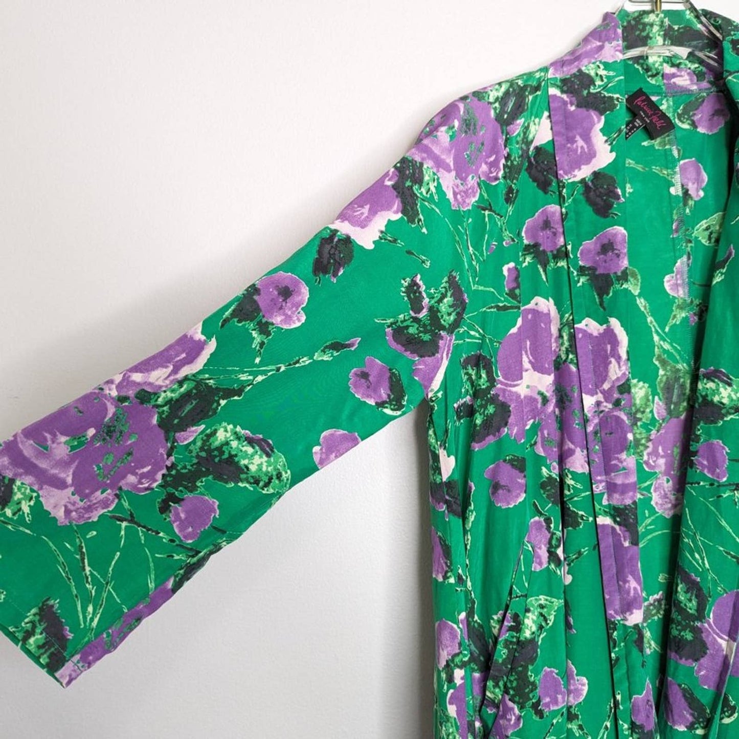 Patricia Field Green Floral Duster Jacket Long Sleeve Pockets Silk Cotton 10