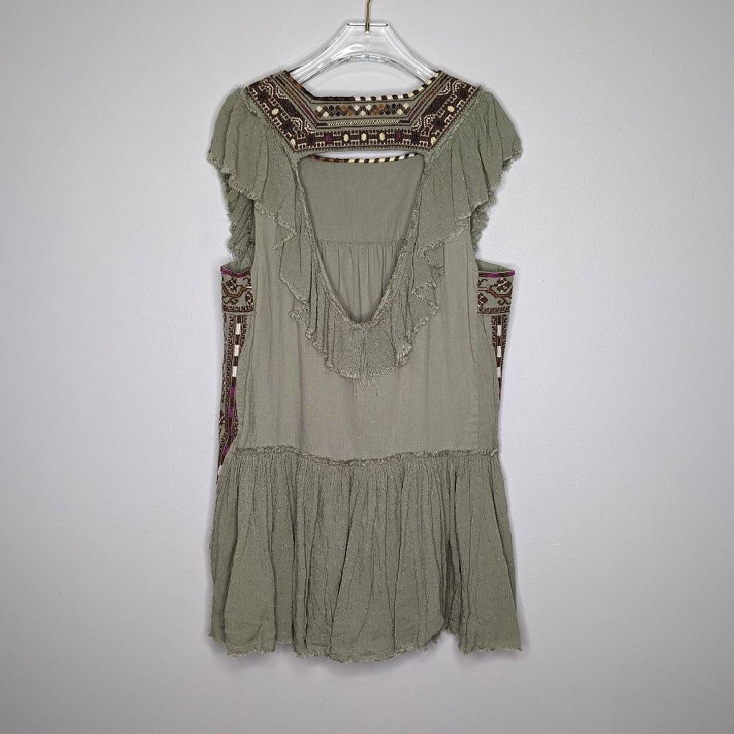 Free People Green Day Glow Mini Dress Open Back Embroidered Short Sleeve Size S