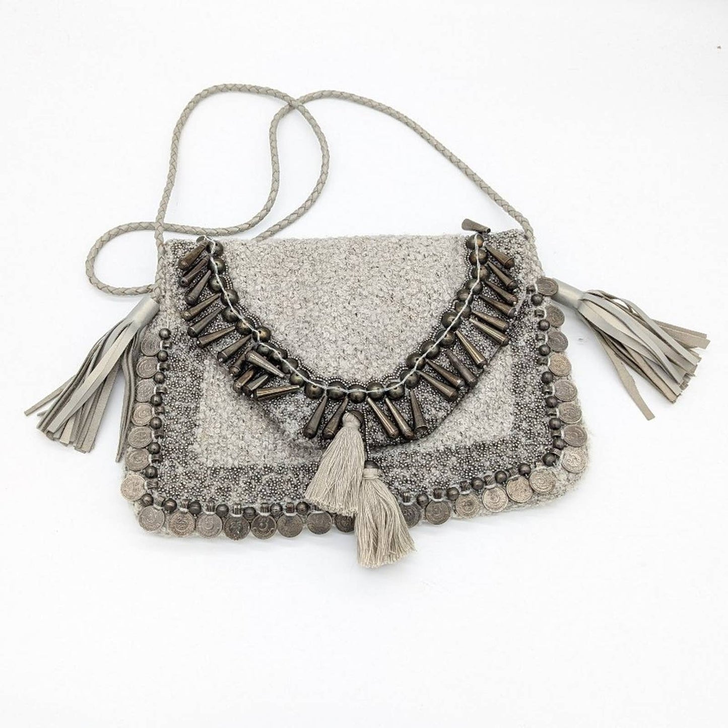 Anthropologie IbBan Gray Beaded Crossbody Kona Clutch Coin Beads Tassels Boho