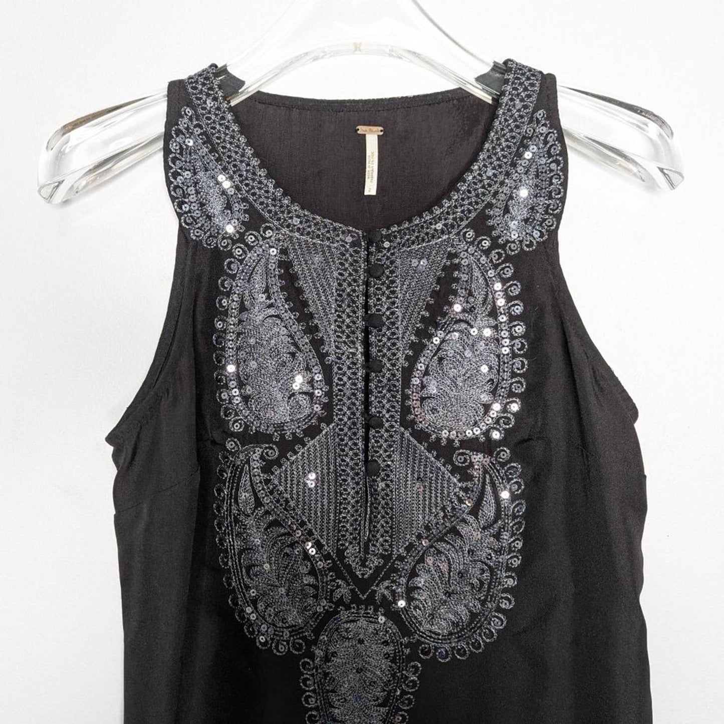 Free People Black Sleeveless Tunic Dress Silver Sequins Embroidered Scoop Neck 2