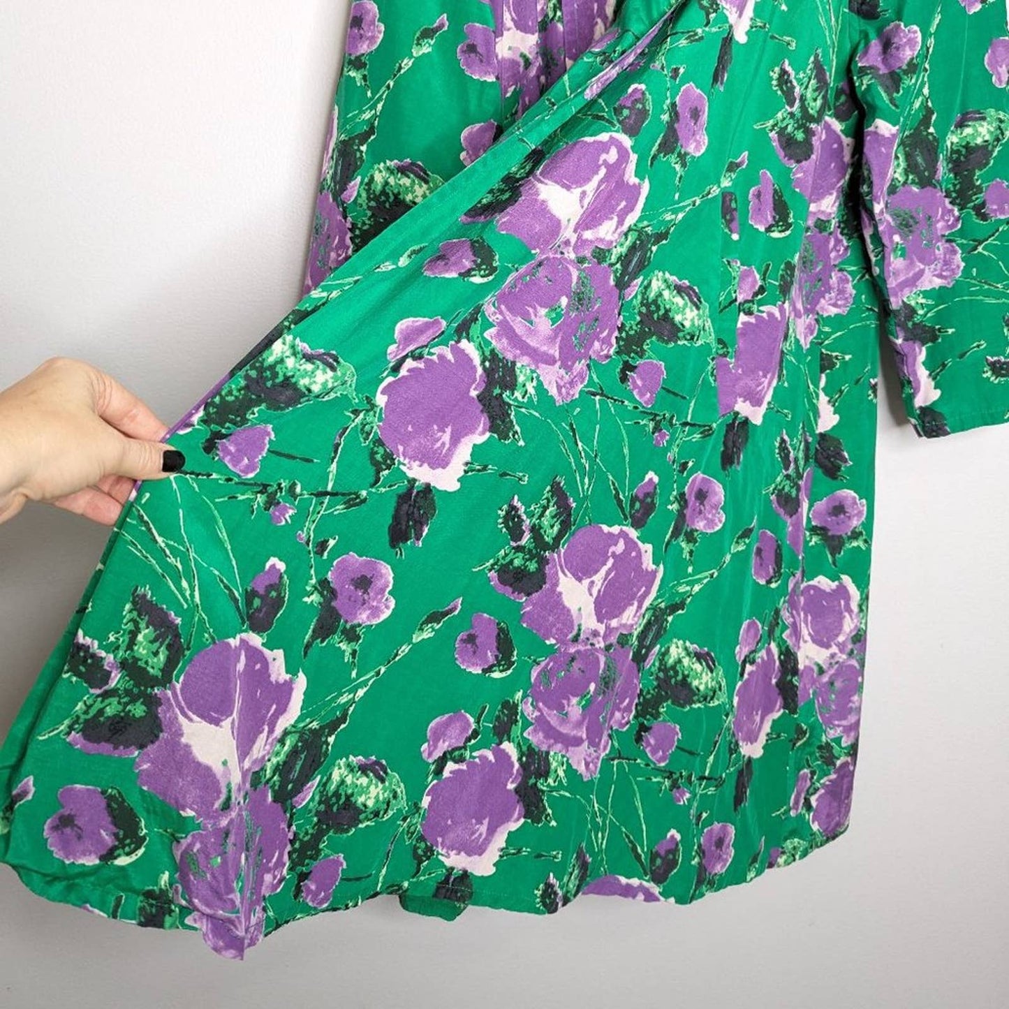 Patricia Field Green Floral Duster Jacket Long Sleeve Pockets Silk Cotton 10