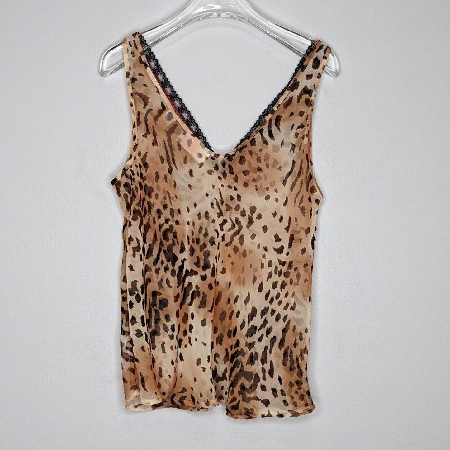 Lord & Taylor Vintage Tan Cami Tank Animal Print Lace Trim V-Neck Size L