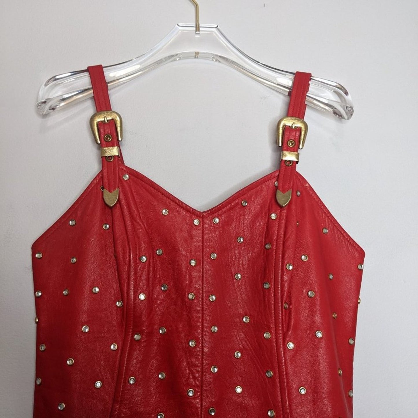 L.A. Roxx Vintage Red Leather Mini Dress Studded Rhinestone 80's RARE Size L