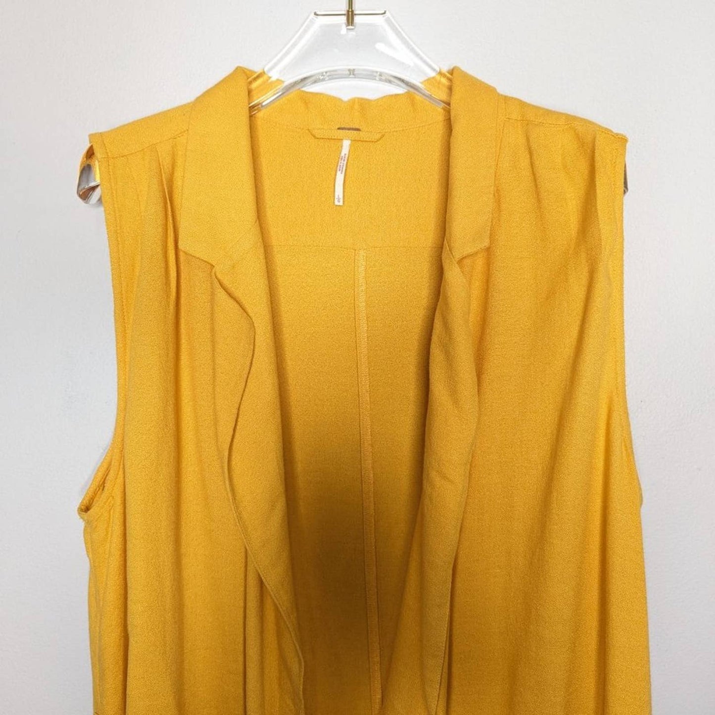 Free People Yellow Sleeveless Long Duster Vest Notched Lapel Size L no belt