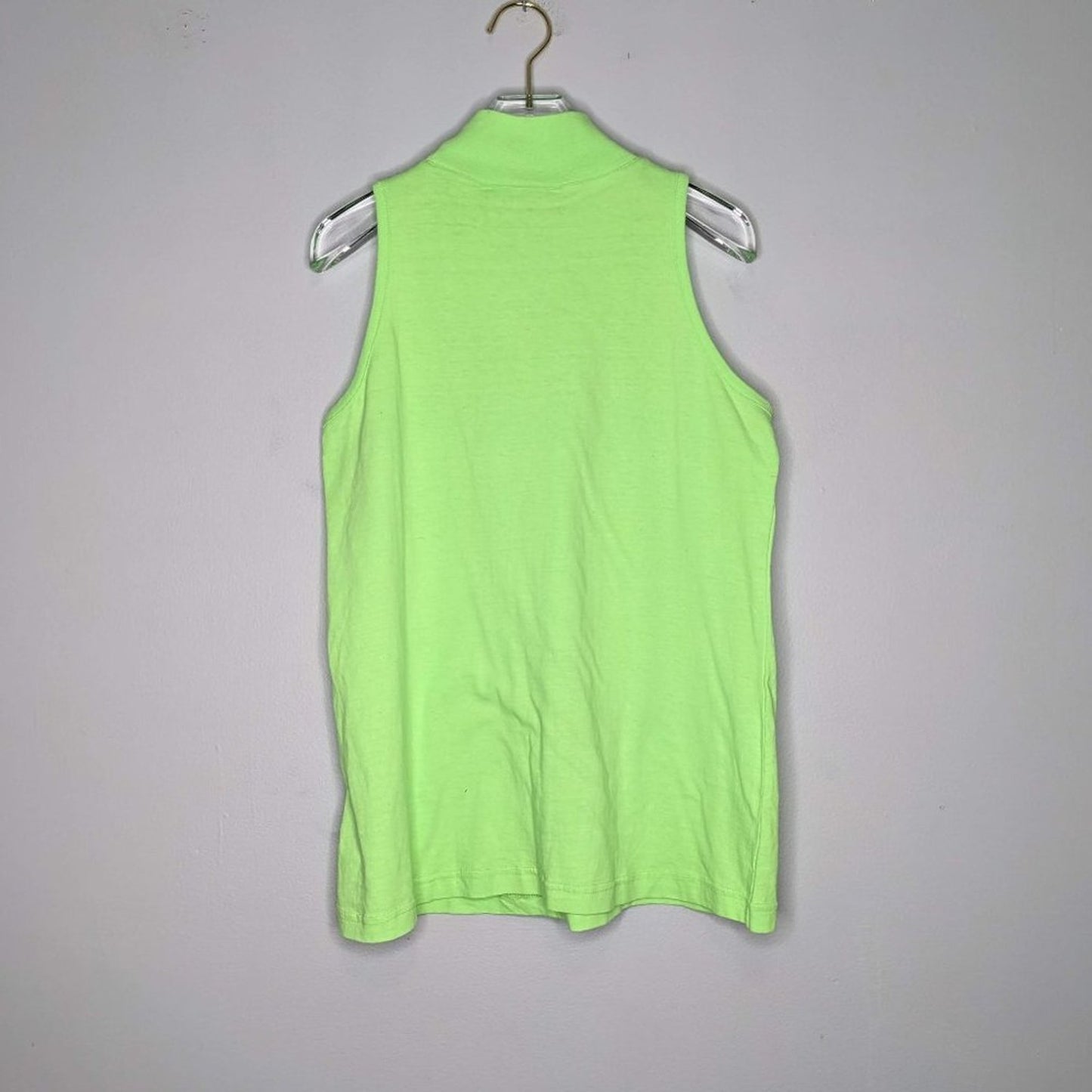 Croquet Club Vintage Neon Green Sleeveless Top Mock Neck Floral Embroidery