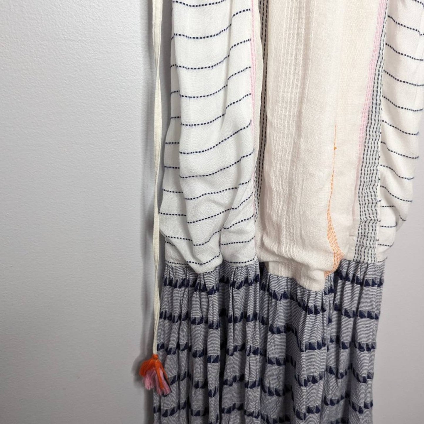 Tularosa White Villa Dress Calamar Stripe Maxi Button Front Tassel Detail XS