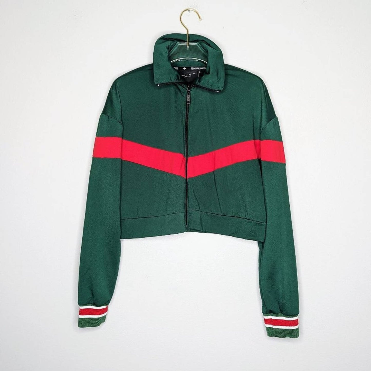 Criminal Damage London Green Red Cropped Track Jacket Long Sleeve Mock Neck L