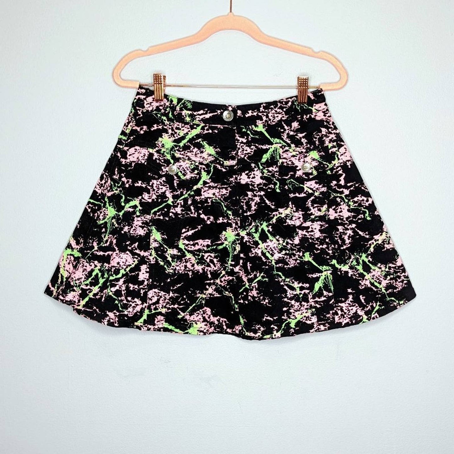 Love Moschino Black And Neon Splatter Print Mini Skirt Front Flap Pockets Size 4