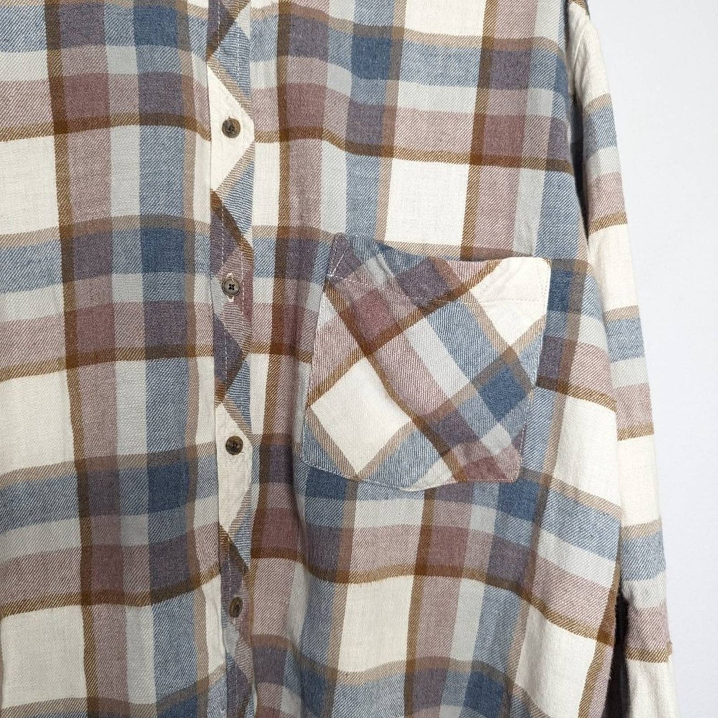 Aritzia Wilfred Free Brown Blue Plaid Flannel Shirt Long Sleeve Button Up Size M