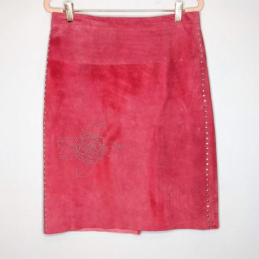 BCBG Max Azria Vintage Pink Suede Leather Pencil Skirt Studded Size 8