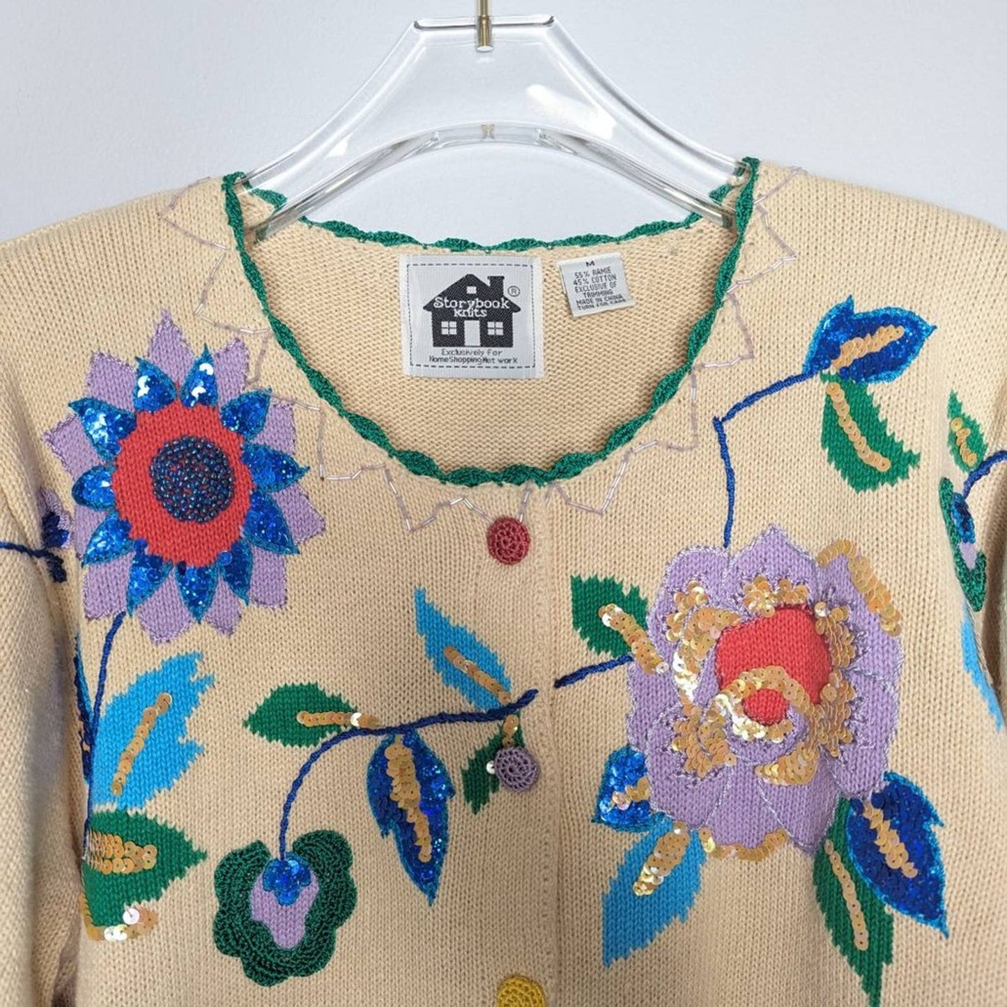 Storybook Knits Vintage Ivory Fancy Folk Art Cardigan Floral Beaded Sequins M