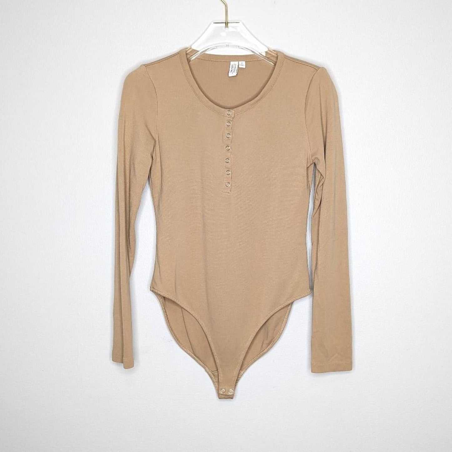 & Other Stories Tan Long Sleeve Bodysuit Scoop Neck Snap Up Stretch Size S