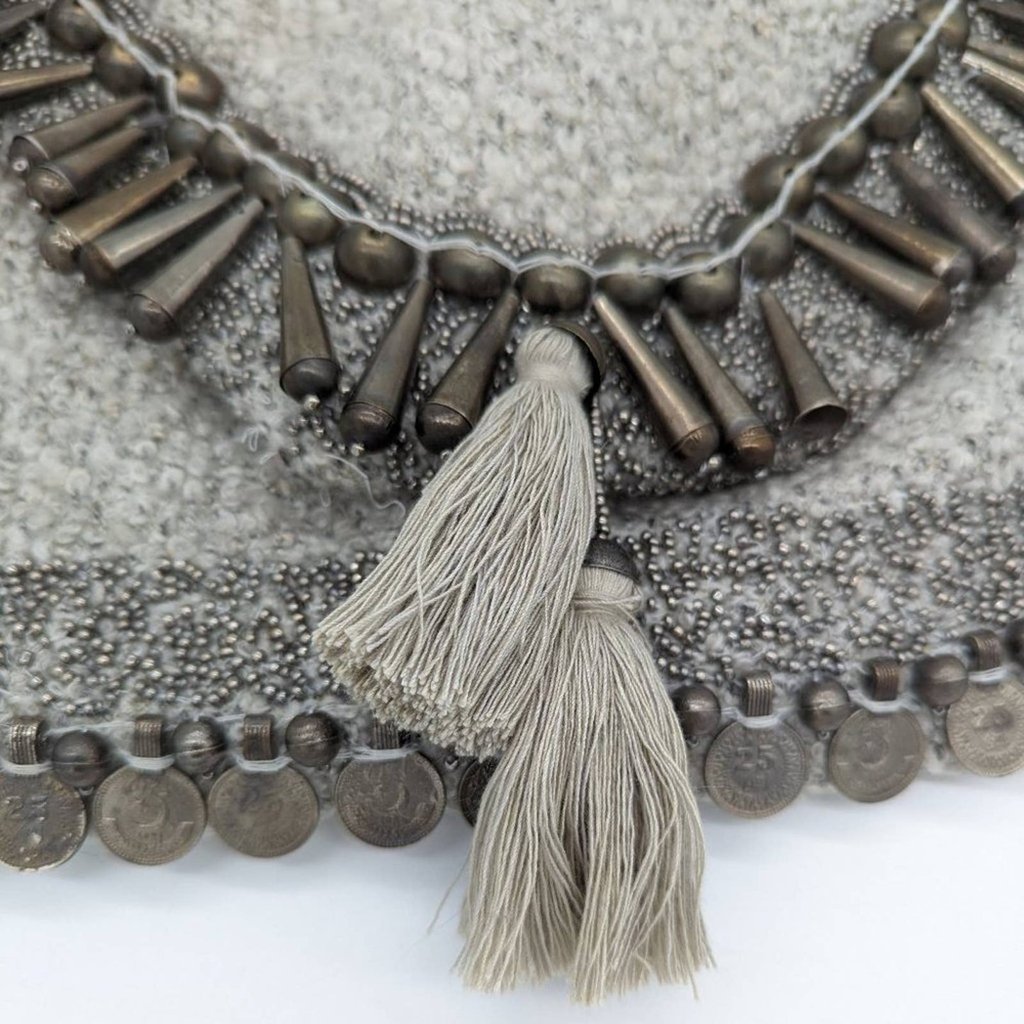 Anthropologie IbBan Gray Beaded Crossbody Kona Clutch Coin Beads Tassels Boho