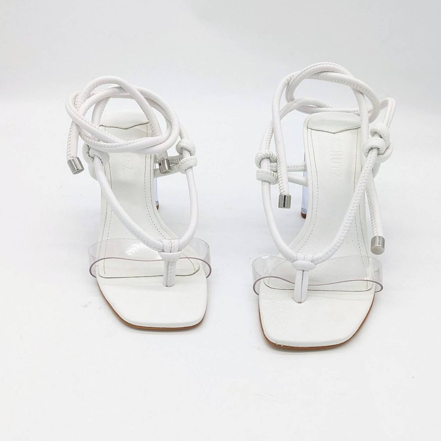 Schutz White Siena Ankle Wrap Sandal Square Toe Clear Heel Knotted Detail Size 7