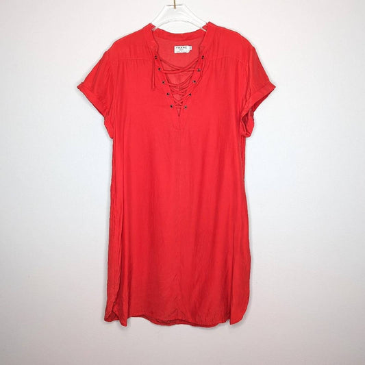 Frame Le Lace-Up Silk Shift Dress Blood Orange Red Short Sleeve Pockets Size M