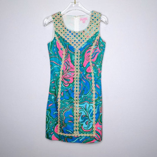 Lilly Pulitzer Blue Macfarlane Shift Dress Gold Embroidered Scoop Neck 00