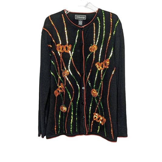 Terazzo Vintage Black Halloween Cardigan Sequined Pumpkins Boo Long Sleeve L