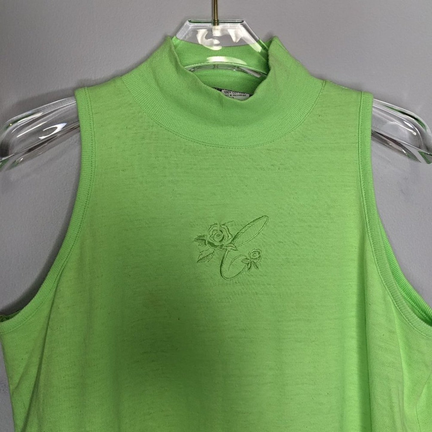 Croquet Club Vintage Neon Green Sleeveless Top Mock Neck Floral Embroidery