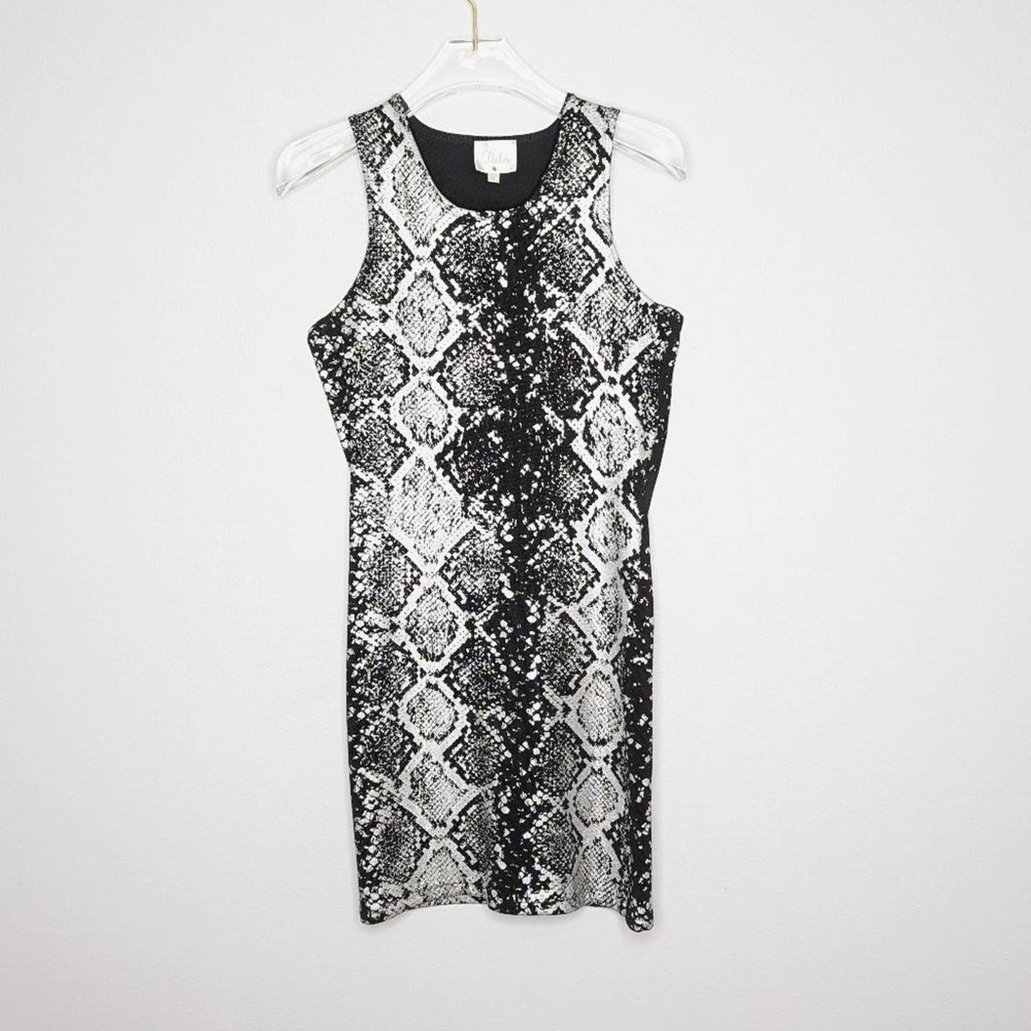 Parker Black Bodycon Mini Dress Silver Snake Print Sleeveless Metallic Size S