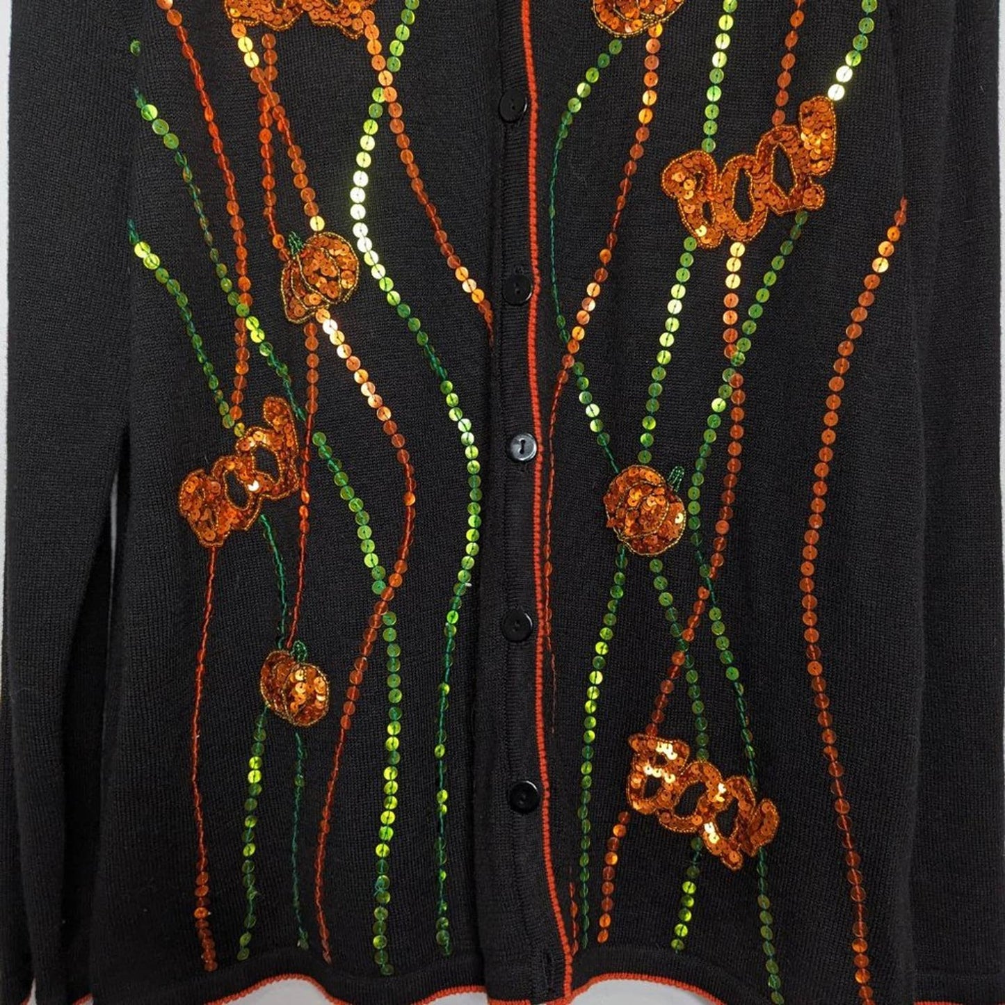 Terazzo Vintage Black Halloween Cardigan Sequined Pumpkins Boo Long Sleeve L