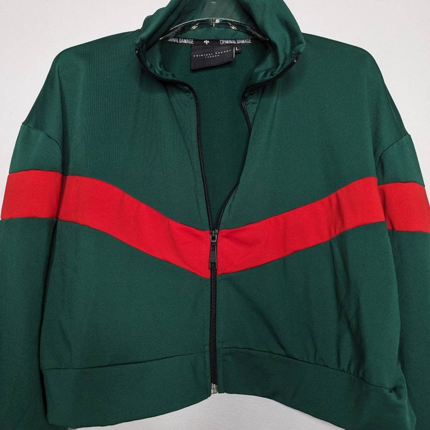 Criminal Damage London Green Red Cropped Track Jacket Long Sleeve Mock Neck L