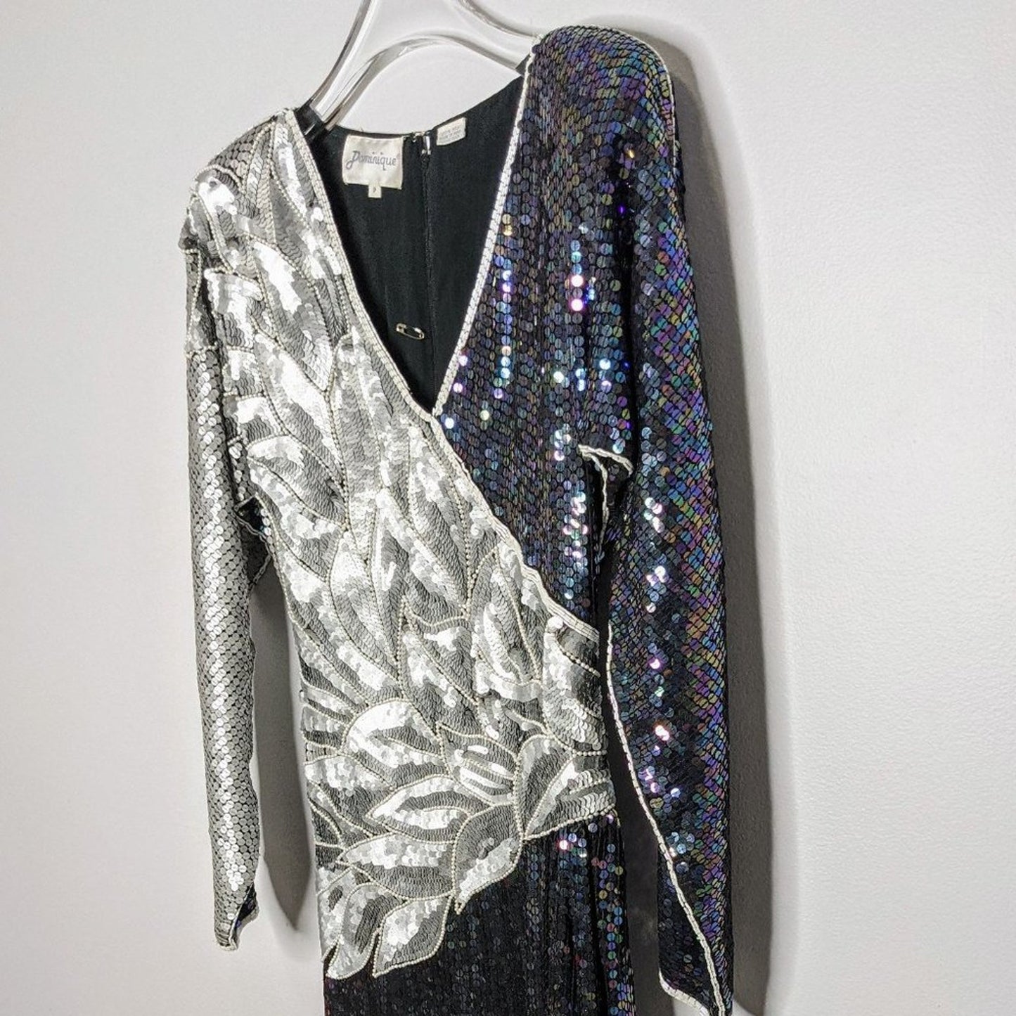 Vintage Dominique Silver Oil Slick Sequin Beaded Long Sleeve Maxi Dress Size S