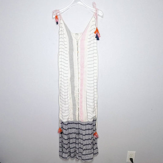 Tularosa White Villa Dress Calamar Stripe Maxi Button Front Tassel Detail XS