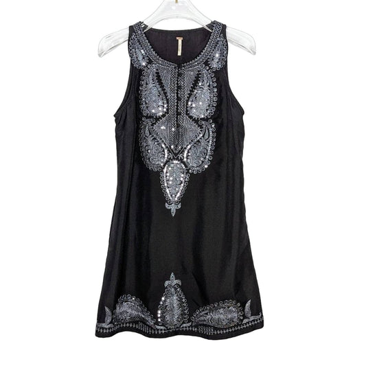 Free People Black Sleeveless Tunic Dress Silver Sequins Embroidered Scoop Neck 2