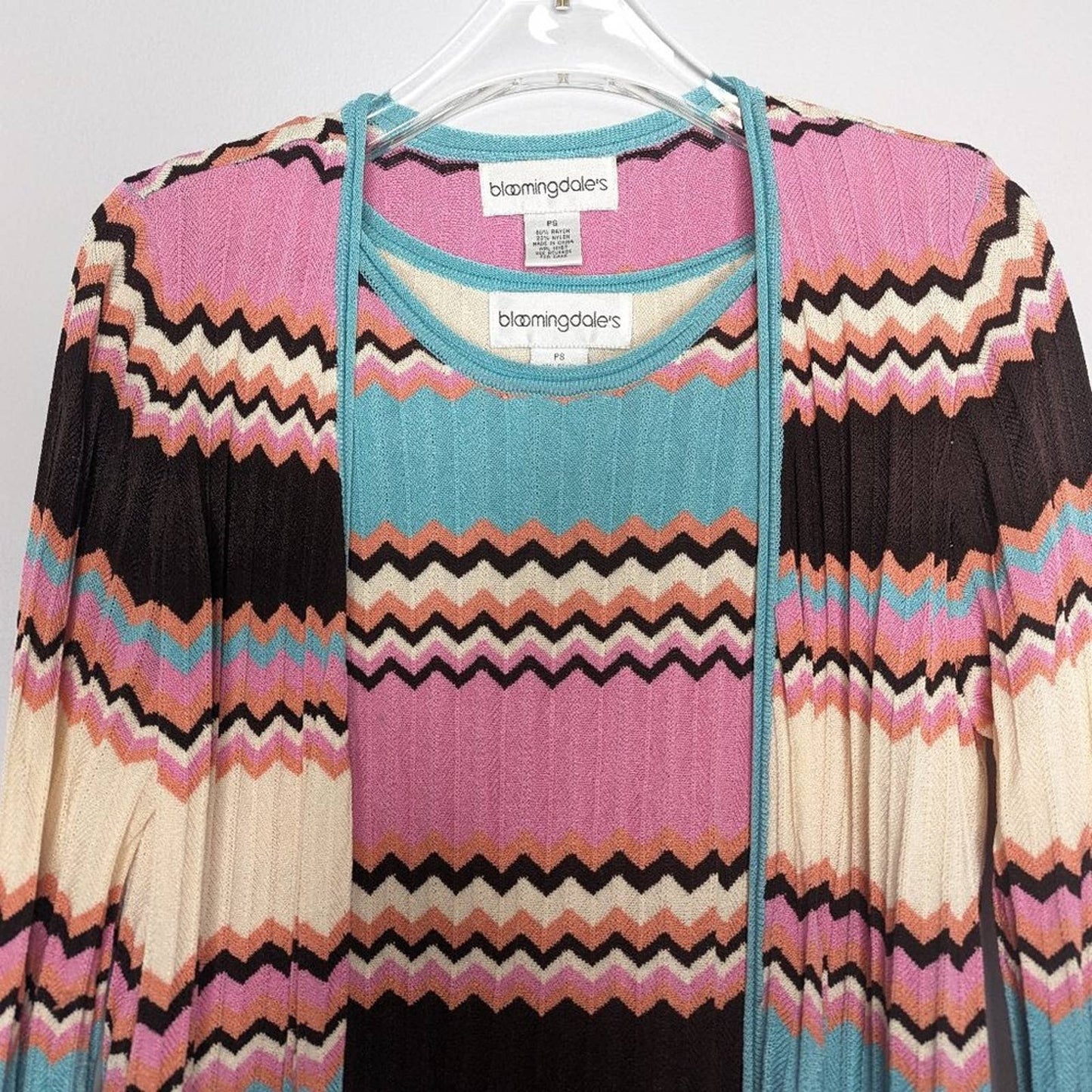 Bloomingdale's Vintage Pink Chevron Striped Set Tank And Cardigan Long Sleeve