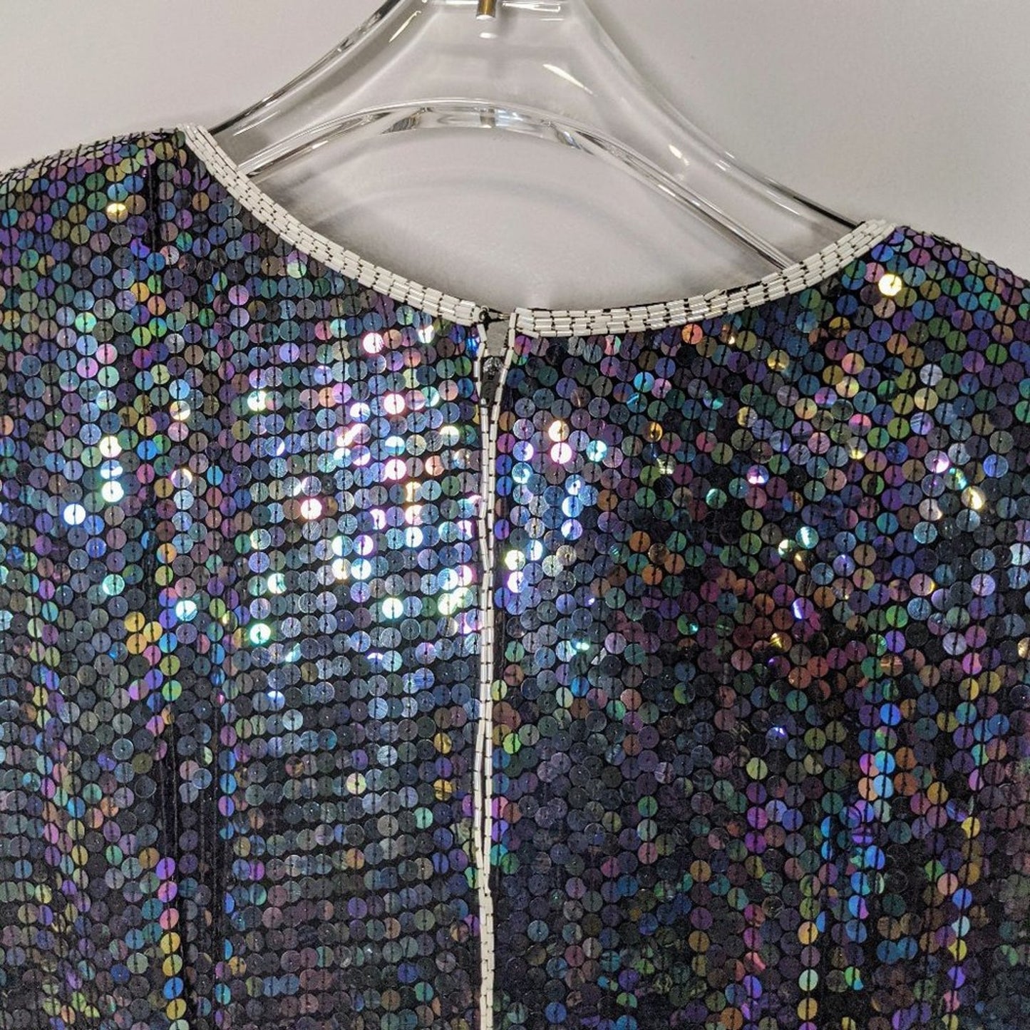 Vintage Dominique Silver Oil Slick Sequin Beaded Long Sleeve Maxi Dress Size S