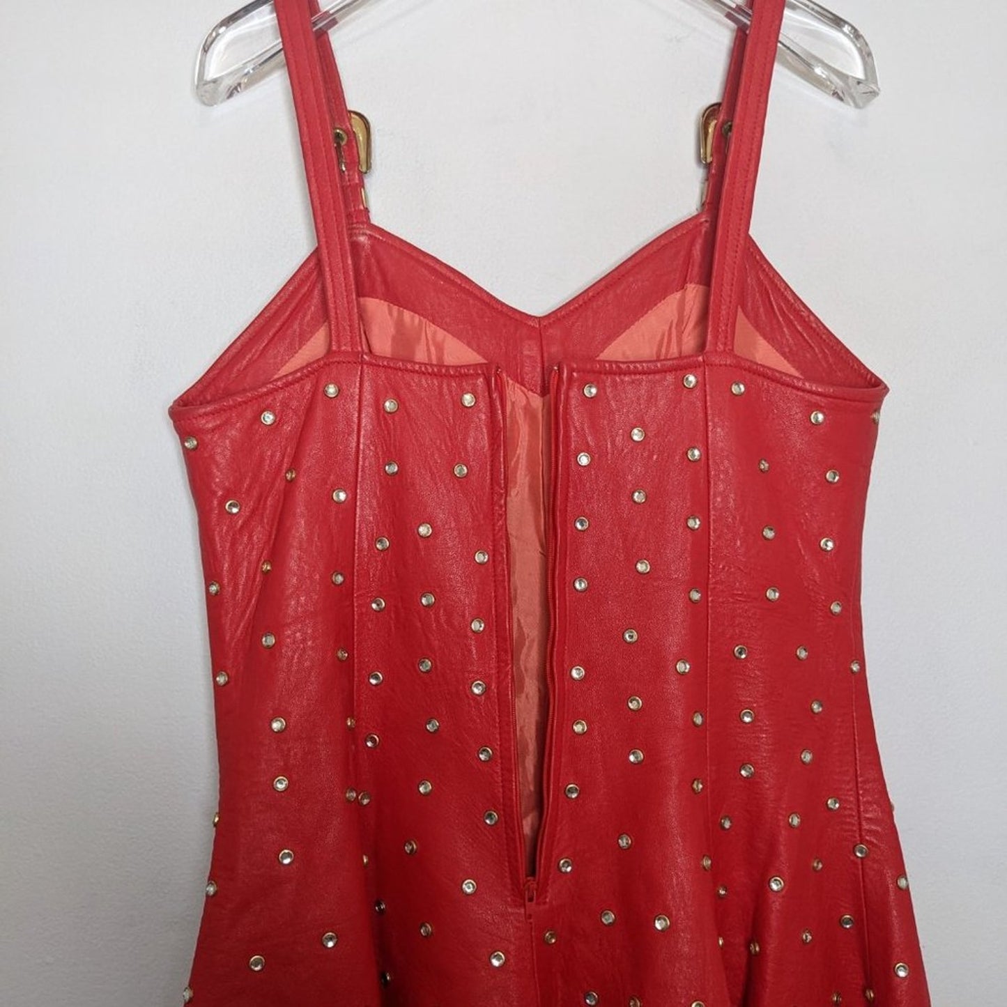 L.A. Roxx Vintage Red Leather Mini Dress Studded Rhinestone 80's RARE Size L