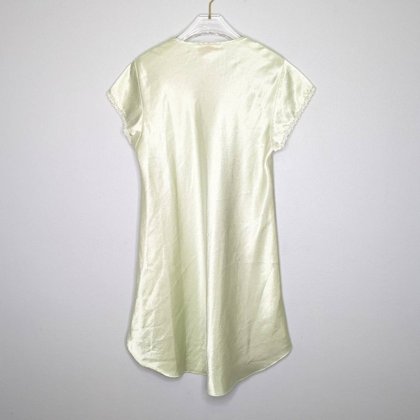 Oscar De La Renta Pastel Green Satin Dress Short Sleeve V-Neck Lace Trim Size M