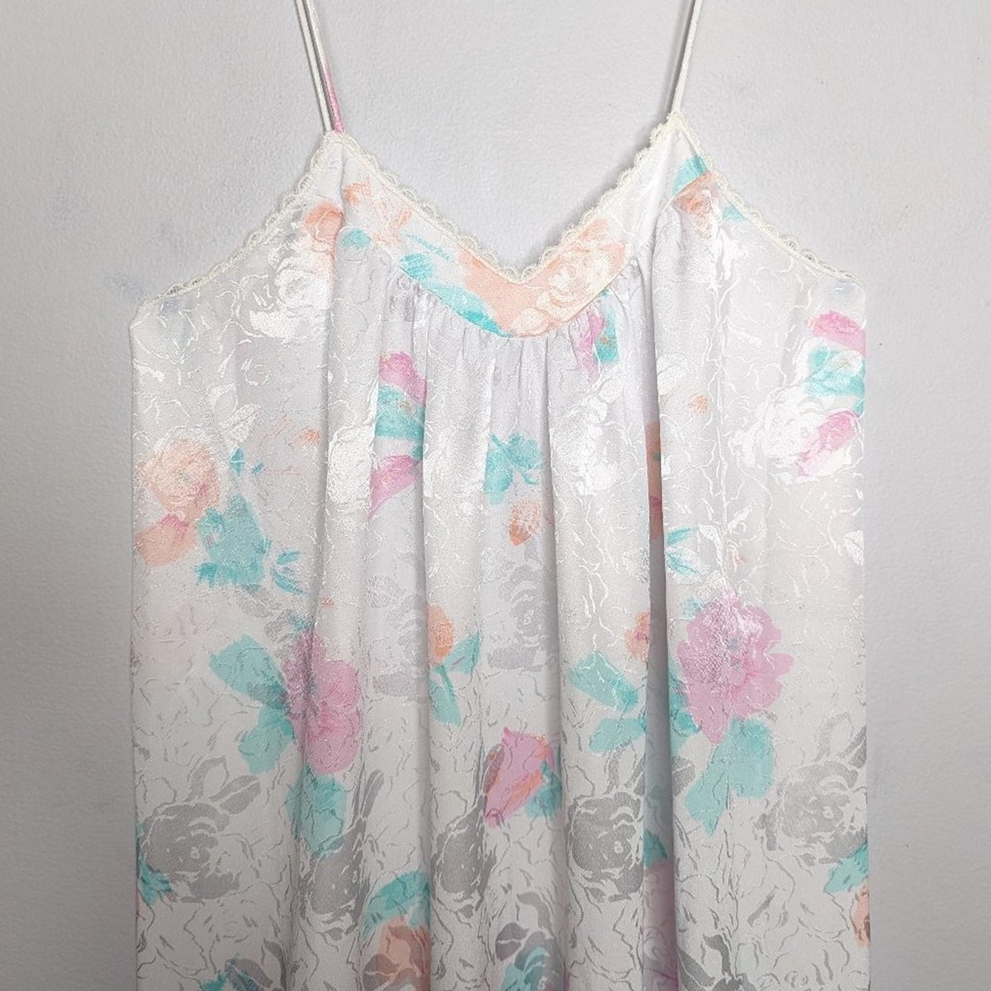 Mary McFadden Vintage White Satin Floral Print Maxi Slip Dress Nightgown Size M