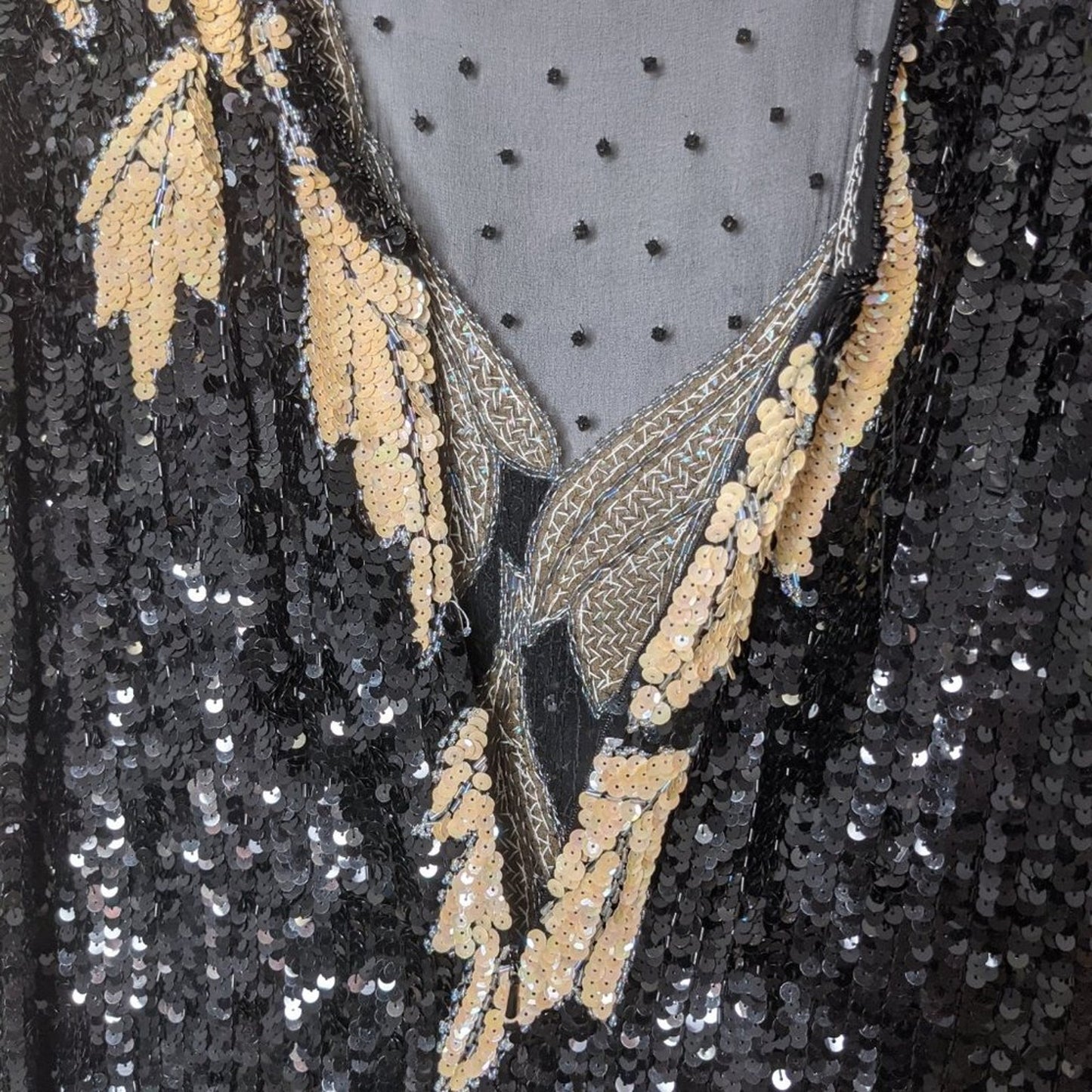 Lord & Taylor Vintage Black Sequin Beaded Dress Long Sleeve Leaf Pattern Mesh 80's