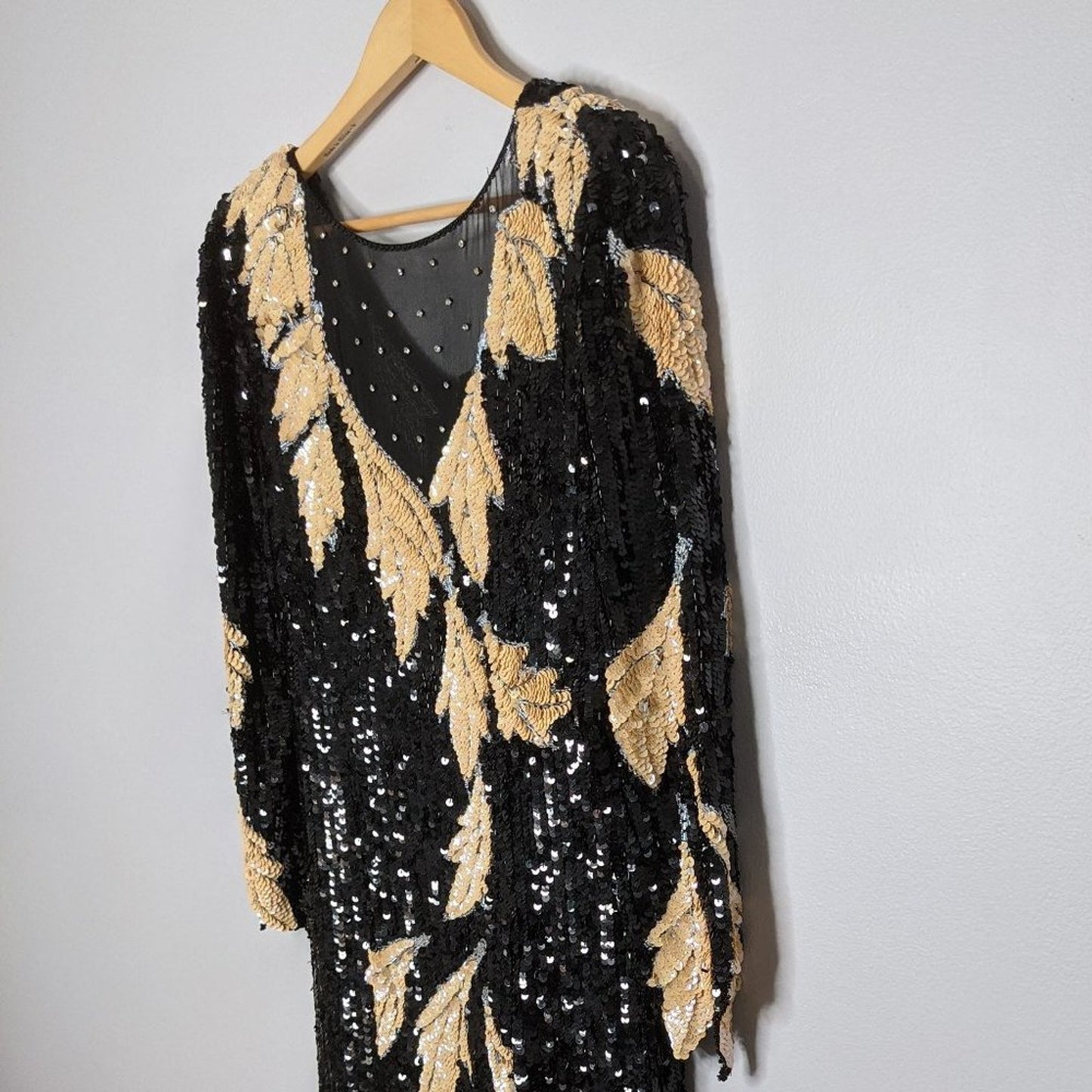 Lord & Taylor Vintage Black Sequin Beaded Dress Long Sleeve Leaf Pattern Mesh 80's