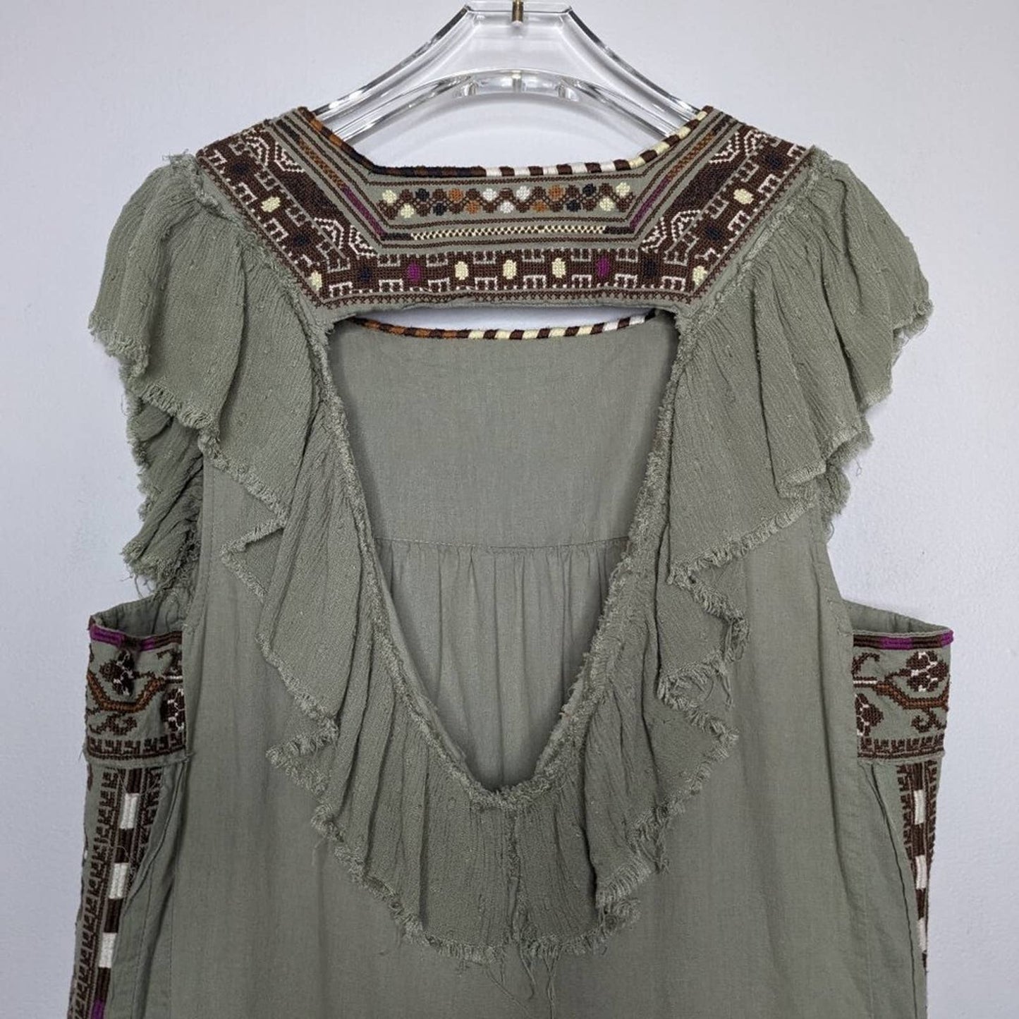 Free People Green Day Glow Mini Dress Open Back Embroidered Short Sleeve Size S