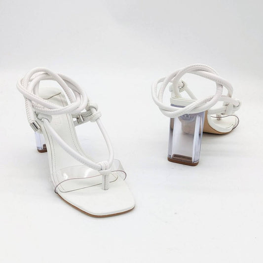 Schutz White Siena Ankle Wrap Sandal Square Toe Clear Heel Knotted Detail Size 7