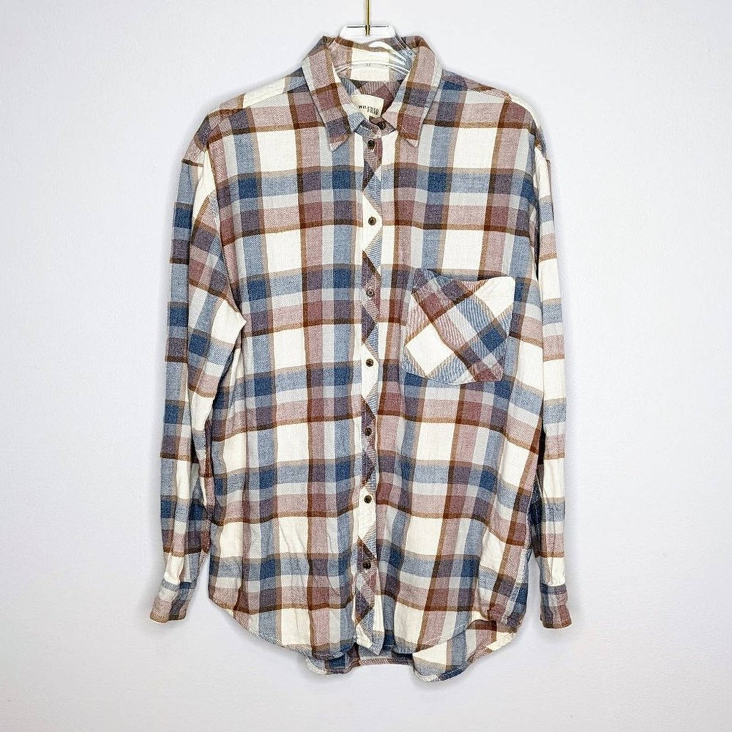 Aritzia Wilfred Free Brown Blue Plaid Flannel Shirt Long Sleeve Button Up Size M