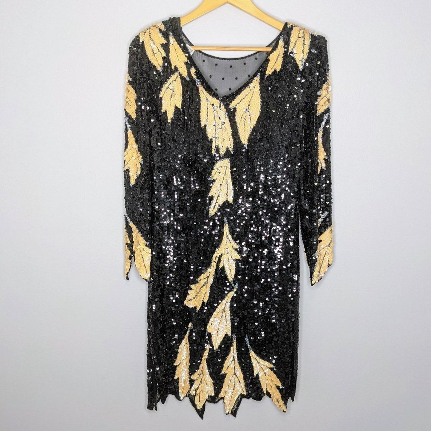 Lord & Taylor Vintage Black Sequin Beaded Dress Long Sleeve Leaf Pattern Mesh 80's