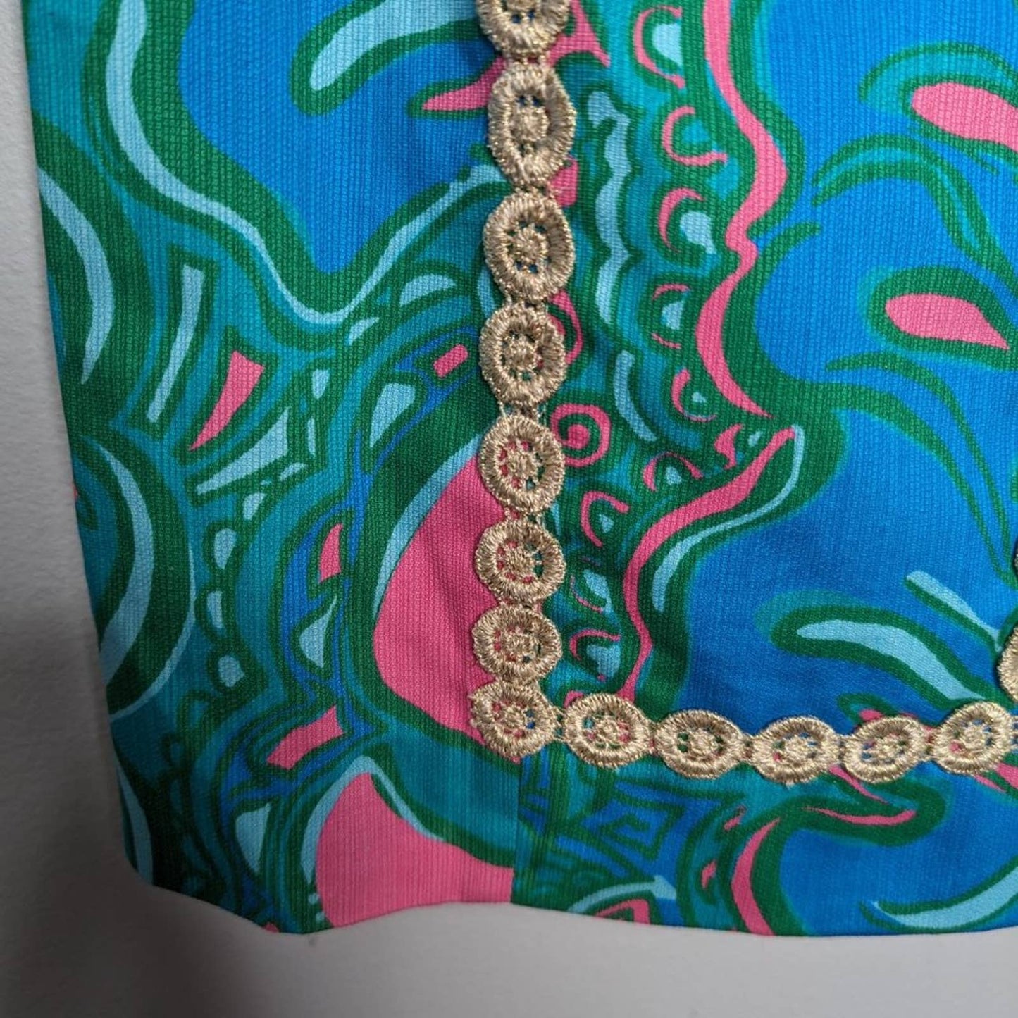 Lilly Pulitzer Blue Macfarlane Shift Dress Gold Embroidered Scoop Neck 00