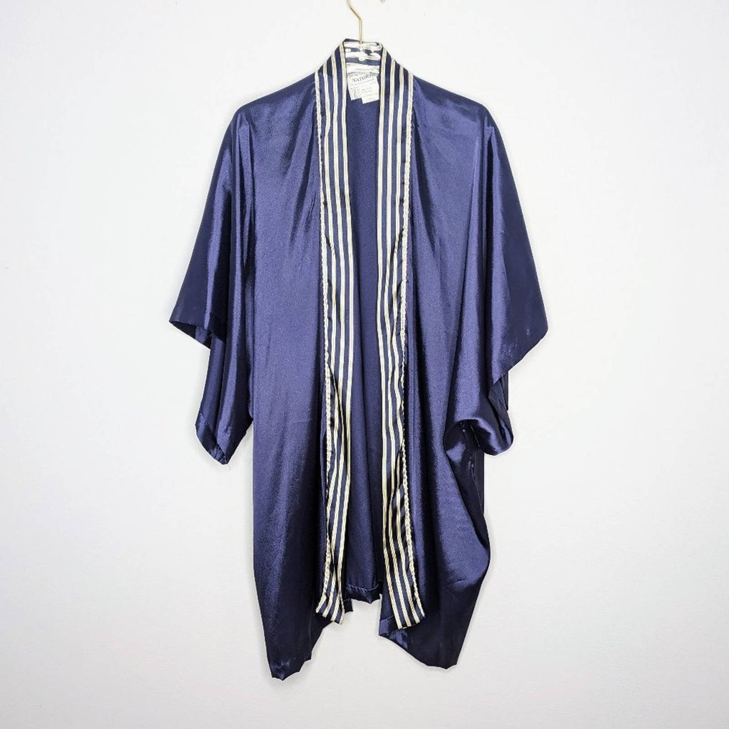 Natori Navy Blue Satin Short Kimono Sleeve Robe Open Front Striped Trim One Size