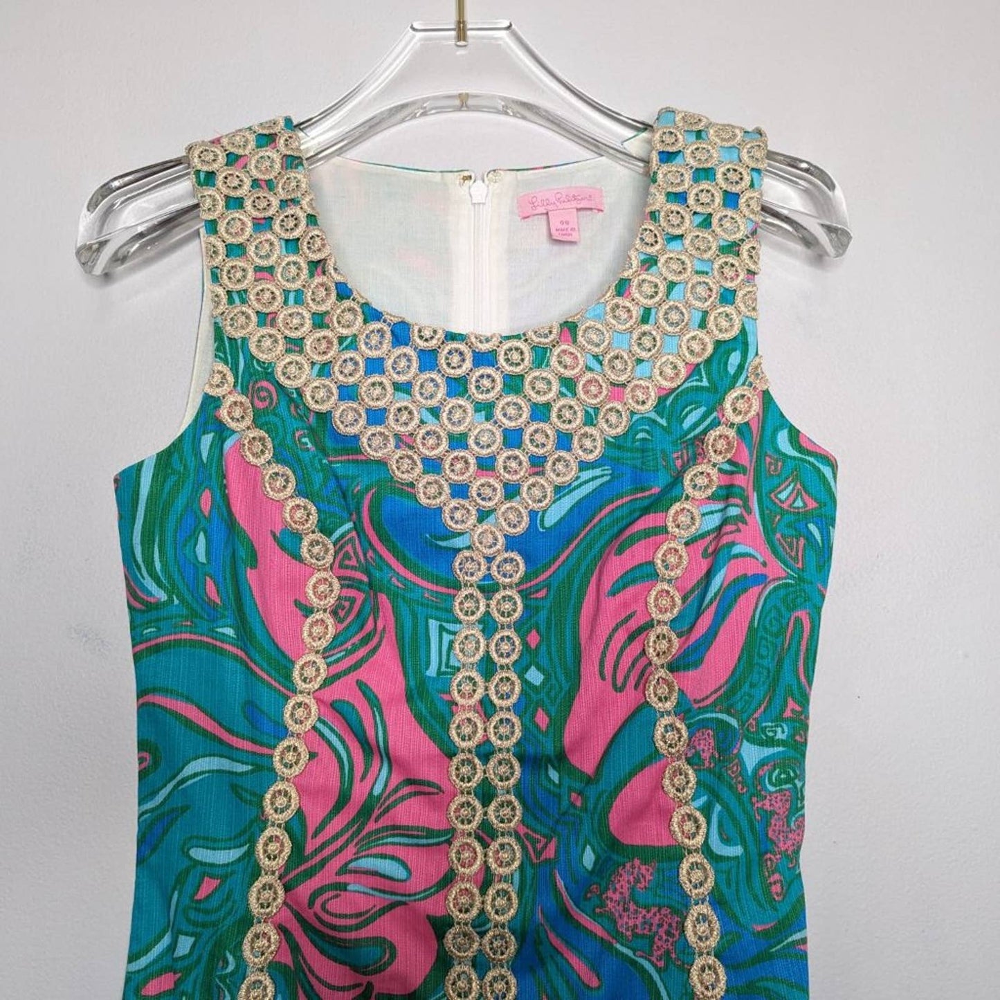 Lilly Pulitzer Blue Macfarlane Shift Dress Gold Embroidered Scoop Neck 00