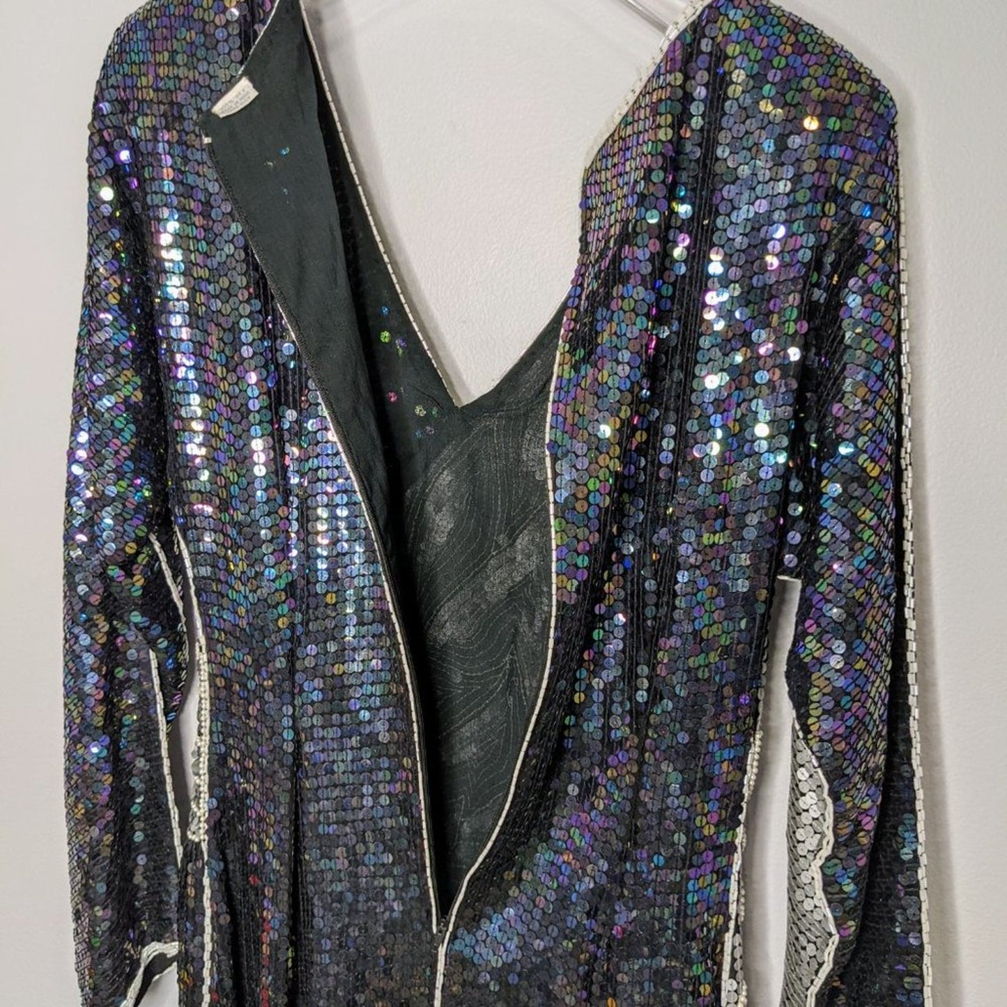 Vintage Dominique Silver Oil Slick Sequin Beaded Long Sleeve Maxi Dress Size S